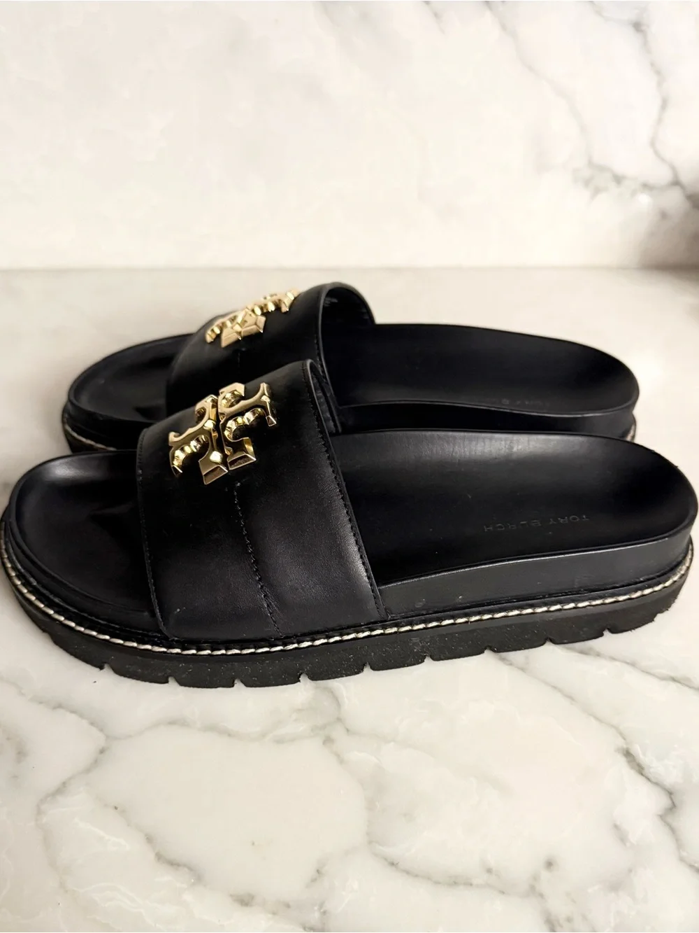 Tory Burch Black and Gold Sandal Slides